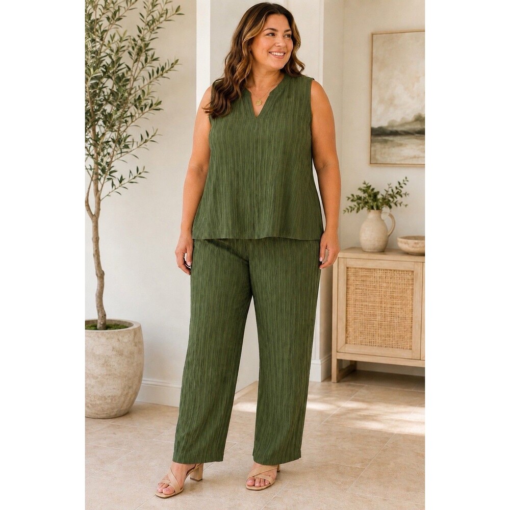 Jones New York Signature Green Textured Knit 2pc Set V-Neck Sleeveless L Texture